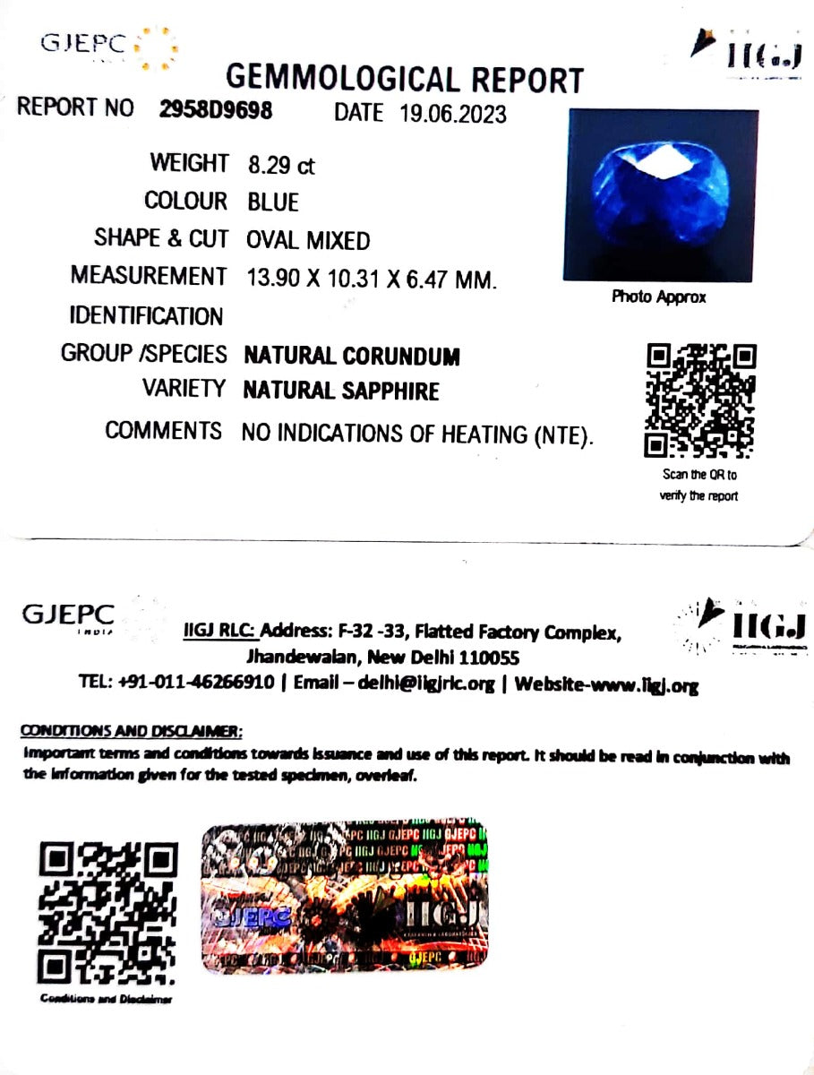 8.29/CT Natural Blue Sapphire with Govt Lab Certificate (4551)