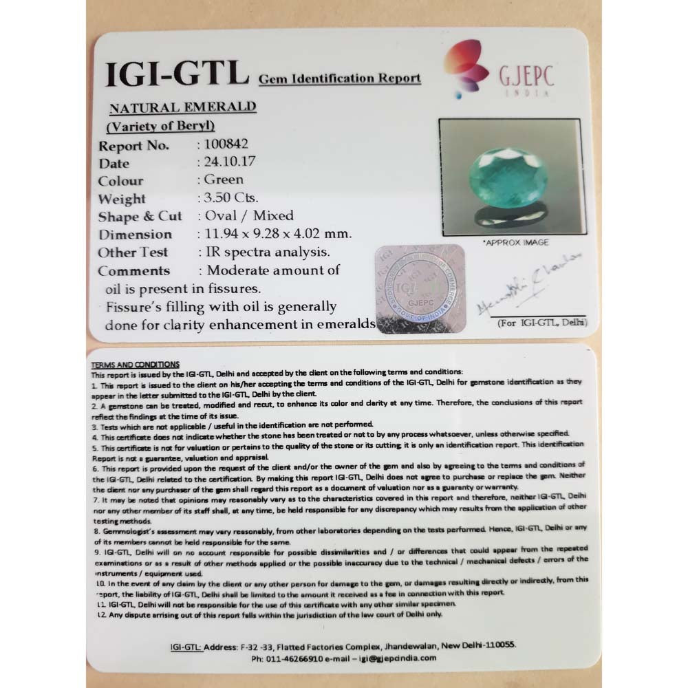 3.89 Ratti NATURAL Panna Stone with Govt Lab Certificate (8100)