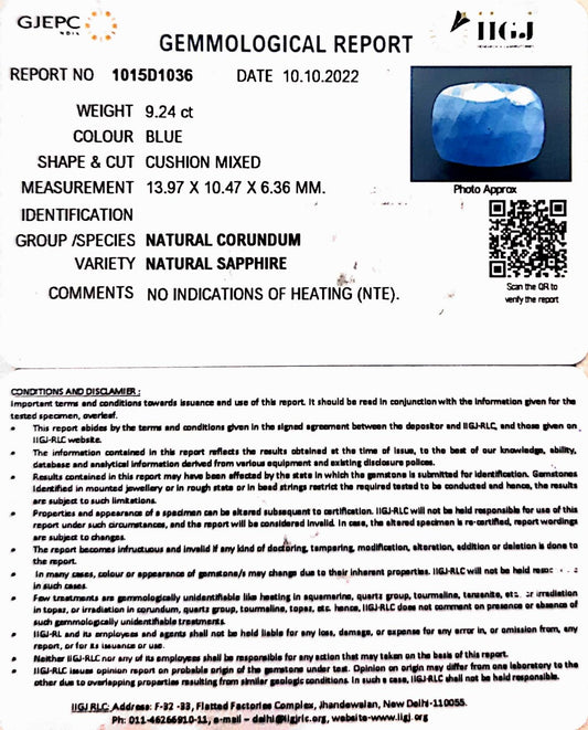 9.24/CT Natural Ceylonese Neelam with Govt Lab Certified (4551)