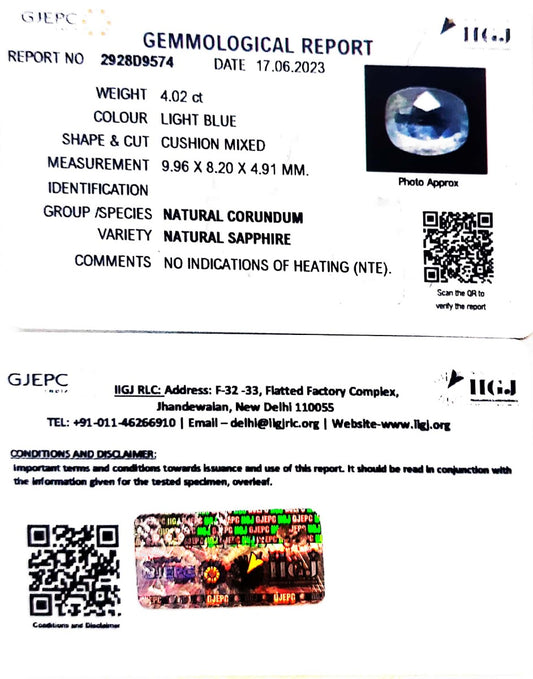4.02/CT Natural Blue Sapphire with Govt Lab Certificate (6771)