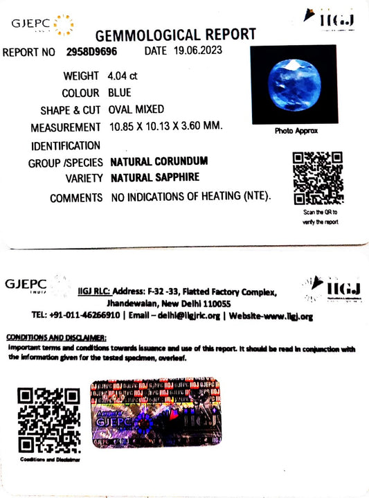 4.04/CT Natural Blue Sapphire with Govt Lab Certificate (8991)