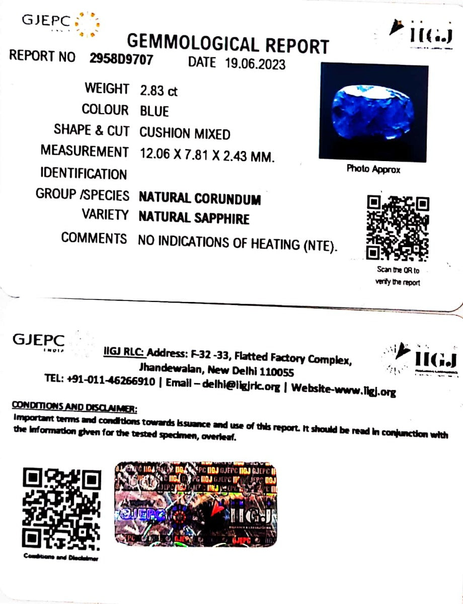 2.83/CT Natural Blue Sapphire with Govt Lab Certificate-BLUSA9S