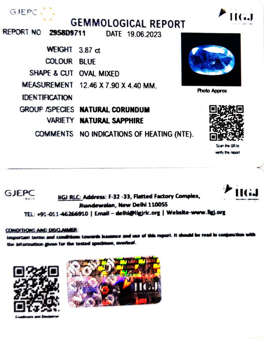3.87/CT Natural Blue Sapphire with Govt Lab Certificate (6771)