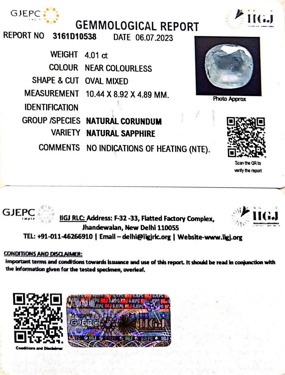 4.01/CT Natural White Sapphire with Govt Lab Certificate (6771)