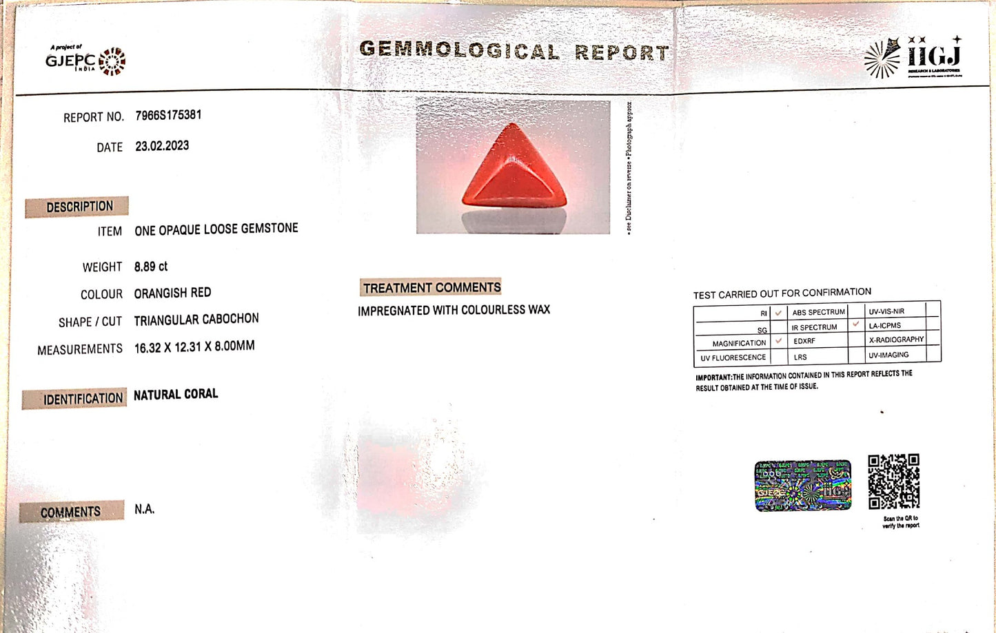 8.89/Carat Natural Triangular Red Coral (2150)